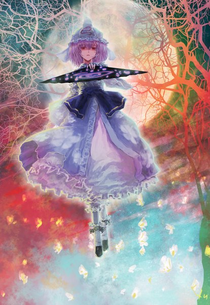 Anime picture 969x1403 with touhou saigyouji yuyuko kirigo (artist) single tall image looking at viewer short hair red eyes purple hair girl dress plant (plants) tree (trees) insect butterfly moon bonnet full moon fan