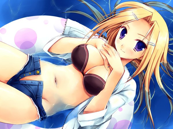 Anime picture 1600x1200 with pia carrot horiuchi sana miyasu risa single long hair looking at viewer breasts blue eyes light erotic blonde hair smile from above partially submerged hands clasped open shorts girl navel swimsuit bikini water