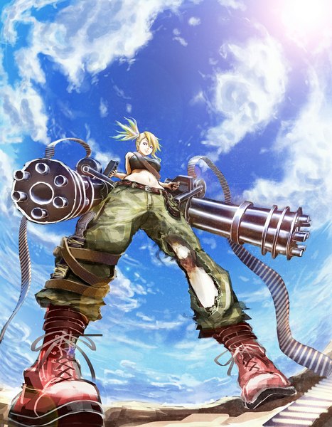 Anime picture 900x1156 with original ttl single long hair tall image looking at viewer blonde hair red eyes twintails holding sky cloud (clouds) bare belly from below torn clothes dual wielding girl navel weapon boots