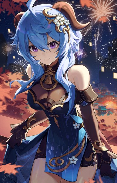 Anime picture 1059x1647 with genshin impact ganyu (genshin impact) ganyu (twilight blossom) (genshin impact) yukle single long hair tall image fringe breasts light erotic smile hair between eyes large breasts sitting purple eyes bare shoulders signed blue hair looking away ahoge