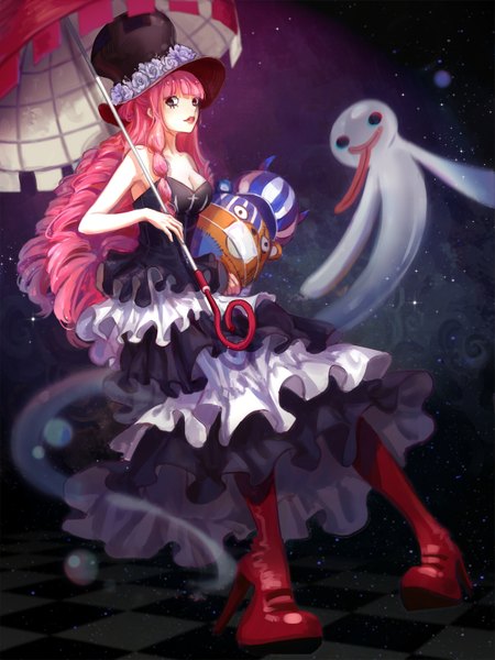Anime picture 1200x1600 with one piece toei animation perona kumacy achyue single long hair tall image looking at viewer pink hair black eyes high heels lipstick drill hair red lipstick checkered floor ghost girl dress flower (flowers)