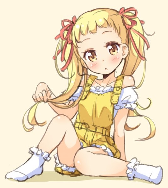 Anime picture 890x1000 with precure yes! precure 5 toei animation kasugano urara (yes! precure 5) tokunou shoutarou single long hair tall image blush blonde hair simple background sitting twintails bare shoulders yellow eyes looking away full body no shoes holding hair girl