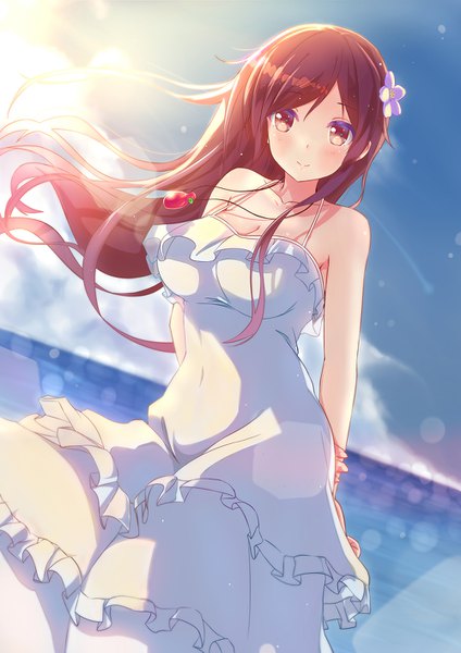 Anime picture 1000x1414 with original zongmao single long hair tall image looking at viewer blush red eyes bare shoulders sky cleavage cloud (clouds) red hair hair flower light smile wind dutch angle hands behind back horizon girl