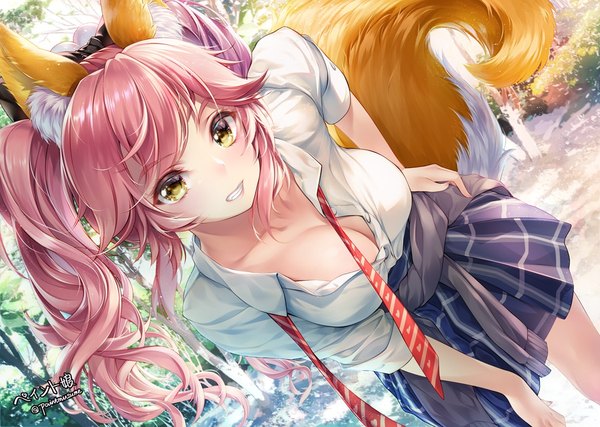 Anime picture 1044x744 with fate (series) fate/extra tamamo (fate) (all) tamamo no mae (fate) paint musume single long hair looking at viewer blush fringe breasts light erotic smile large breasts twintails signed animal ears yellow eyes pink hair outdoors