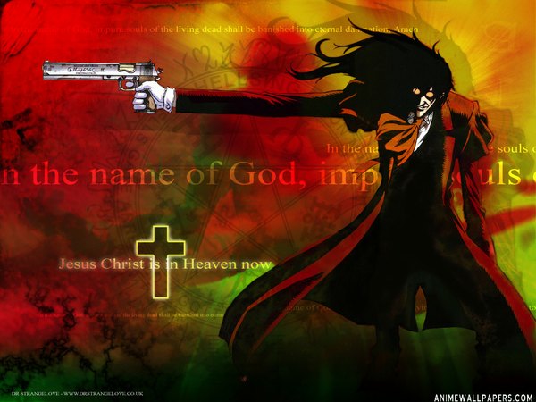 Anime picture 1024x768 with hellsing alucard (hellsing) single black hair wallpaper vampire boy gloves weapon glasses gun