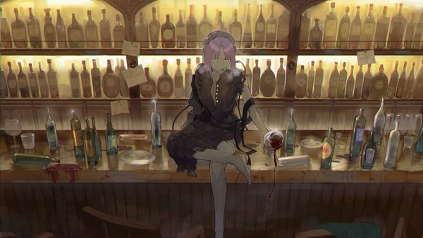 Anime picture 3000x1688 with original kurohal single looking at viewer highres short hair wide image sitting green eyes pink hair indoors barefoot sparkle smoke partially open clothes smoking girl headdress maid headdress bottle