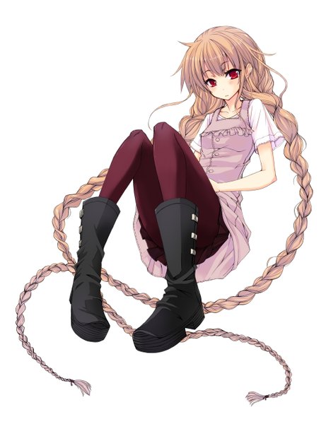 Anime picture 1000x1300 with original rage (rojiura) single tall image blush simple background red eyes white background twintails braid (braids) very long hair girl boots