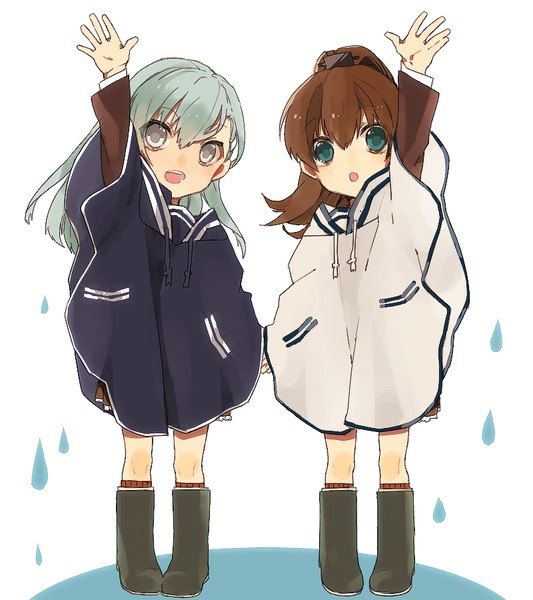 Anime picture 800x900 with kantai collection suzuya heavy cruiser kumano heavy cruiser hita (hitapita) long hair tall image looking at viewer fringe open mouth hair between eyes brown hair white background multiple girls ponytail :d arm up aqua eyes aqua hair :o grey eyes