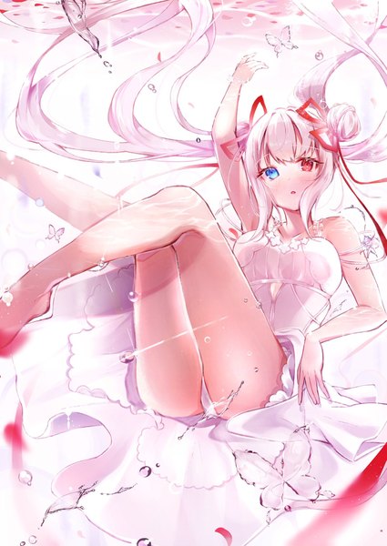 Anime picture 1451x2048 with original felnemo3 single long hair tall image looking at viewer blush fringe open mouth blue eyes light erotic simple background red eyes twintails payot bent knee (knees) white hair blunt bangs barefoot arm up