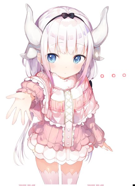 Anime picture 1500x2065 with kobayashi-san chi no maidragon kyoto animation kanna kamui umibouzu (niito) single tall image blush fringe blue eyes simple background white background twintails payot silver hair horn (horns) zettai ryouiki low twintails outstretched hand cute girl