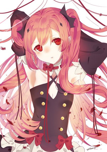 Anime picture 868x1228 with owari no seraph wit studio kururu tepes zahravoca (annpratamav) single long hair tall image looking at viewer blush fringe simple background red eyes standing white background signed pink hair arms up armpit (armpits) two side up arms behind head