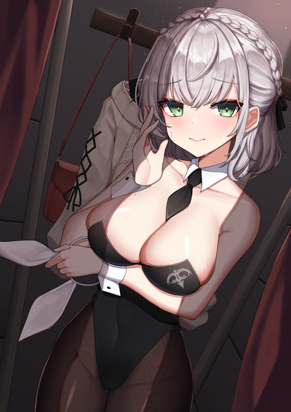 Anime picture 2480x3508 with virtual youtuber hololive shirogane noel pomp (qhtjd0120) single tall image looking at viewer blush fringe highres short hair breasts light erotic smile large breasts standing holding green eyes animal ears silver hair