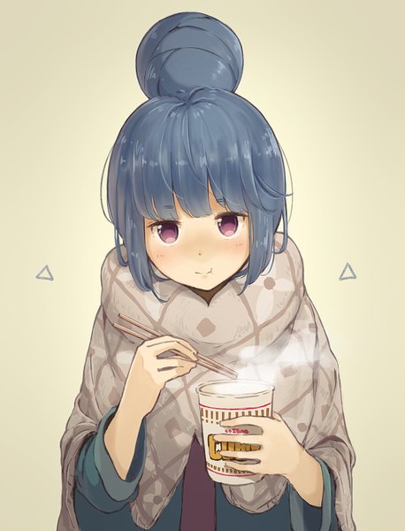 Anime picture 1168x1529 with yurucamp shima rin minamito single tall image blush fringe simple background purple eyes payot blue hair upper body blunt bangs hair bun (hair buns) eating steam :t girl poncho cup ramen