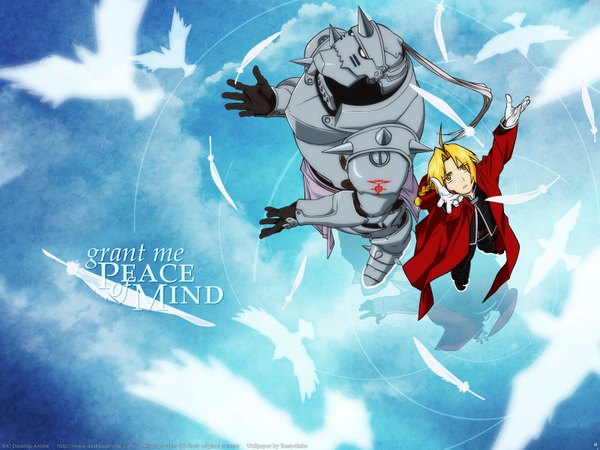 Anime picture 1600x1200 with fullmetal alchemist studio bones edward elric alphonse elric long hair blonde hair ahoge outstretched arm blue background siblings brothers boy gloves animal armor bird (birds) cloak mecha