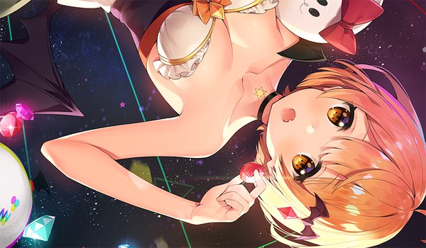 Anime picture 850x496 with virtual youtuber hololive yozora mel yozora mel (1st costume) ayami (annahibi) single looking at viewer blush fringe short hair breasts open mouth light erotic blonde hair wide image bare shoulders holding yellow eyes cleavage upper body