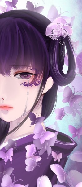 Anime picture 666x1504 with original yoi gyo single long hair tall image looking at viewer fringe purple hair traditional clothes japanese clothes lips tattoo tears girl hair ornament insect butterfly