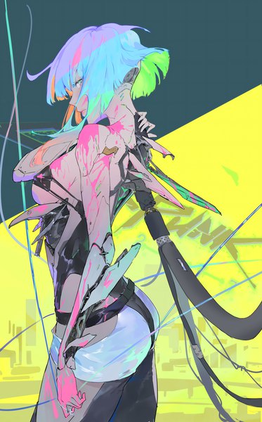 Anime picture 2800x4500 with cyberpunk edgerunners studio trigger lucy (cyberpunk) world (1257843324) single tall image looking at viewer fringe highres short hair breasts light erotic standing green eyes silver hair profile multicolored hair mechanical parts arm around neck girl