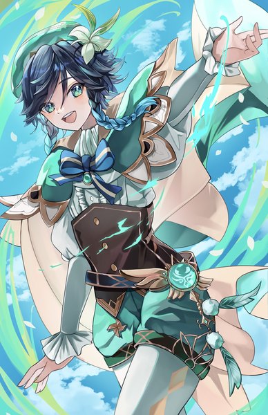 Anime picture 2316x3577 with genshin impact venti (genshin impact) soujuoekaki single tall image looking at viewer highres short hair open mouth black hair sky cloud (clouds) braid (braids) :d aqua eyes twin braids outstretched arm boy pantyhose beret