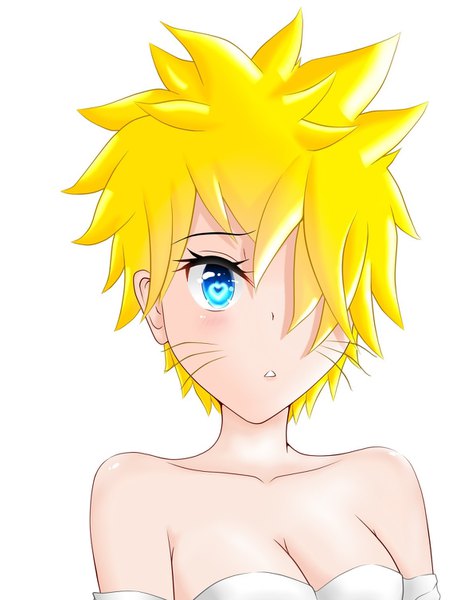 Anime picture 1196x1508 with original aagm single tall image looking at viewer fringe short hair breasts blue eyes light erotic simple background blonde hair white background bare shoulders cleavage upper body parted lips hair over one eye symbol-shaped pupils heart-shaped pupils