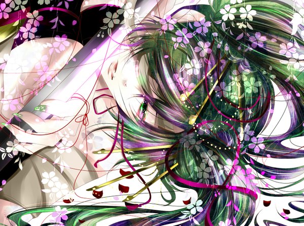 Anime picture 1469x1096 with vocaloid knife (vocaloid) hatsune miku koyama (artist) single long hair fringe twintails green eyes lying nail polish green hair hair over one eye girl hair ornament flower (flowers) ribbon (ribbons) weapon petals sword