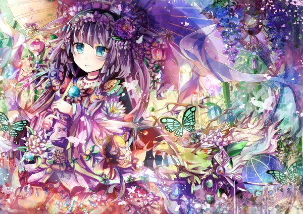 Anime picture 2943x2083 with original azumamutuki single long hair highres blue eyes purple hair girl dress hair ornament flower (flowers) petals insect butterfly umbrella mask ball