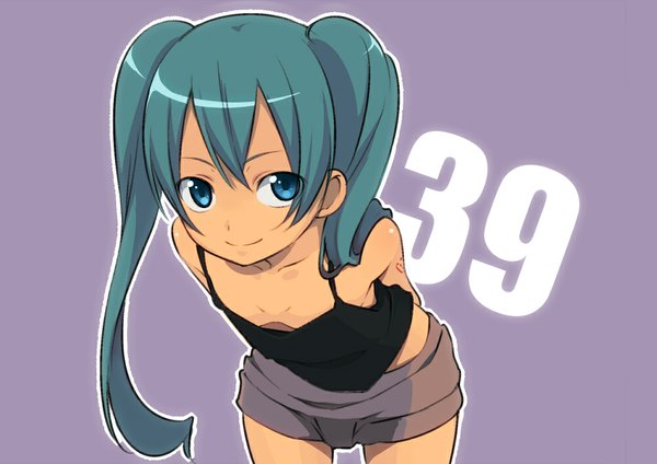 Anime picture 1000x707 with vocaloid hatsune miku sama (artist) single long hair blue eyes simple background smile standing twintails bare shoulders aqua hair tattoo hands behind back 39 girl shorts tank top