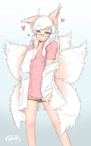 Anime picture 1360x2186 with original cube85 single long hair tall image looking at viewer light erotic simple background smile signed animal ears ahoge white hair tail :d animal tail pink eyes off shoulder short sleeves fox ears
