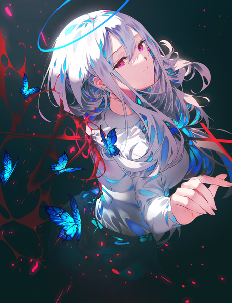 Anime picture 2300x3000 with original w (w64851564) single long hair tall image looking at viewer fringe highres hair between eyes silver hair pink eyes turning head black background girl shirt white shirt insect butterfly blood halo
