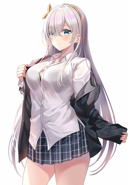 Anime picture 600x850 with fate (series) fate/grand order anastasia (fate) harimoji single long hair tall image looking at viewer blush fringe breasts blue eyes light erotic simple background standing white background parted lips pleated skirt grey hair hair over one eye