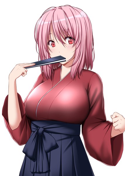 Anime picture 1488x2088 with touhou saigyouji yuyuko nori tamago single tall image looking at viewer blush fringe short hair breasts simple background hair between eyes red eyes large breasts standing white background holding pink hair traditional clothes japanese clothes