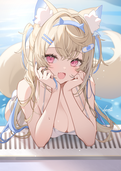 Anime picture 1279x1800 with virtual youtuber hololive hololive english fuwawa abyssgard ikomochi single long hair tall image looking at viewer fringe breasts open mouth light erotic blonde hair smile hair between eyes twintails animal ears tail animal tail