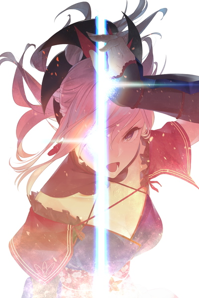 Anime-Bild 1000x1500 mit fate (series) fate/grand order miyamoto musashi (fate) sousou (sousouworks) single long hair tall image looking at viewer open mouth simple background white background purple eyes pink hair cleavage ponytail girl detached sleeves detached collar