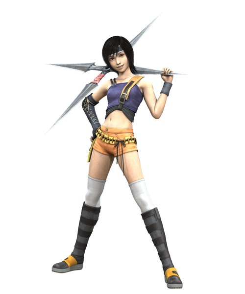 Anime picture 2500x3000 with final fantasy vii yuffie kisaragi single tall image looking at viewer highres black hair simple background smile standing white background bare shoulders black eyes zettai ryouiki hand on hip girl thighhighs gloves navel weapon