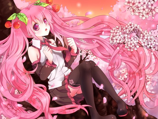 Anime picture 1400x1050 with vocaloid hatsune miku sakura miku yuki (siroikona) single long hair open mouth twintails bare shoulders pink hair pink eyes cherry blossoms girl thighhighs skirt black thighhighs detached sleeves miniskirt petals necktie
