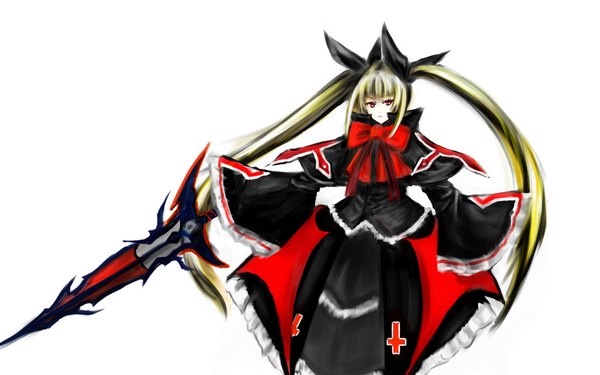 Anime picture 1920x1200 with blazblue rachel alucard single long hair looking at viewer highres simple background blonde hair red eyes wide image white background twintails loli vampire girl dress bow weapon sword