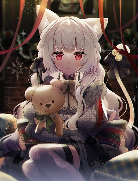 Anime picture 1200x1575 with original kawachi rin single long hair tall image looking at viewer blush fringe payot silver hair bent knee (knees) indoors tail blunt bangs long sleeves animal tail blurry sparkle cat tail depth of field