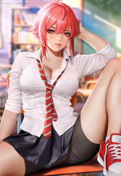 Anime picture 3700x5382 with tomo-chan wa onna no ko aizawa tomo yi qiang single tall image looking at viewer fringe highres short hair breasts light erotic hair between eyes red eyes large breasts sitting absurdres cleavage ahoge red hair indoors