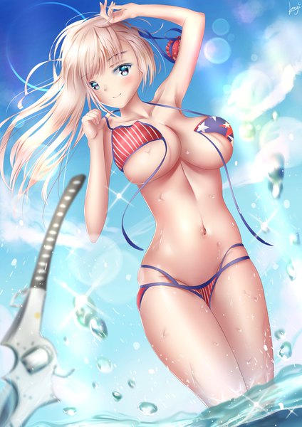 Anime picture 2896x4096 with fate (series) fate/grand order miyamoto musashi (fate) miyamoto musashi (swimsuit berserker) (fate) dicedkey single long hair tall image looking at viewer blush fringe highres breasts blue eyes light erotic blonde hair smile large breasts standing bare shoulders