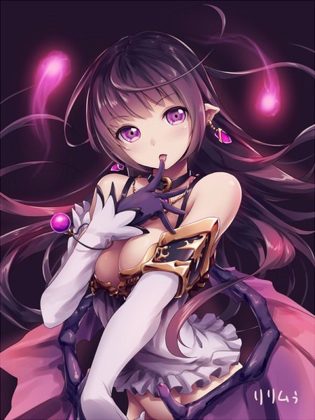 Anime picture 600x800 with shinkai no valkyrie lilim (shinkai no valkyrie) akkijin single long hair tall image looking at viewer fringe breasts light erotic black hair large breasts purple eyes bare shoulders cleavage pointy ears finger to mouth girl gloves detached sleeves