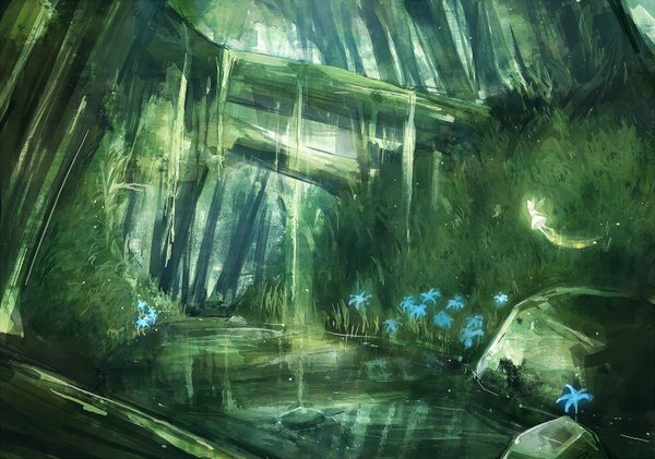 Anime picture 1500x1054 with original asahiro mikuri yoru no people river nature fairy flower (flowers) plant (plants) tree (trees) water grass forest stone (stones)