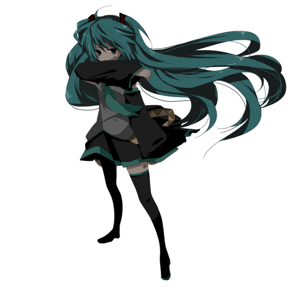 Anime picture 1152x1200 with vocaloid hatsune miku marirero a single long hair tall image twintails black eyes aqua hair zettai ryouiki transparent background girl skirt detached sleeves miniskirt necktie thigh boots