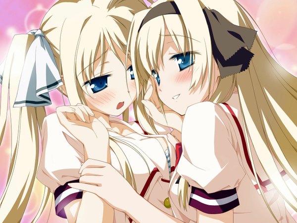 Anime picture 1600x1200 with hoshizora no memoria hisakaki kosame hisakaki komomo shida kazuhiro long hair blush breasts open mouth blue eyes light erotic blonde hair smile large breasts twintails multiple girls game cg eyes closed open clothes open shirt happy