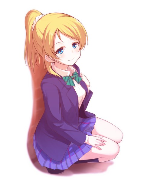 Anime picture 968x1220 with love live! school idol project sunrise (studio) love live! ayase eli nanotsuki single long hair tall image blush blue eyes blonde hair simple background smile white background looking away full body ponytail pleated skirt hand on hip plaid skirt