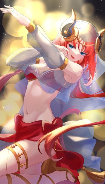 Anime picture 1179x2048 with genshin impact nilou (genshin impact) marufus single long hair tall image fringe breasts open mouth light erotic smile twintails looking away red hair blunt bangs long sleeves :d horn (horns) aqua eyes midriff