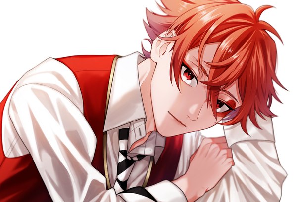 Anime picture 1500x1023 with twisted wonderland ace trappola nazutaro single looking at viewer fringe short hair simple background hair between eyes red eyes white background red hair boy shirt necktie white shirt