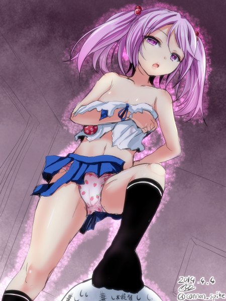 Anime picture 900x1200 with kantai collection sazanami destroyer gin'ichi (akacia) single tall image looking at viewer highres short hair open mouth light erotic twintails signed pink hair pink eyes torn clothes food print print panties strawberry print strawberry panties girl