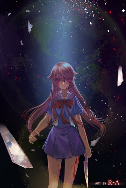 Anime picture 1345x2000 with mirai nikki gasai yuno aurora rokudo single long hair tall image looking at viewer fringe smile signed pink hair pink eyes outstretched arm girl uniform serafuku blood knife planet debris