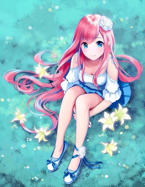 Anime picture 1000x1288 with original yin. single long hair tall image looking at viewer blush blue eyes smile sitting pink hair full body bent knee (knees) pleated skirt hair flower pointy ears hands clasped on ground meadow girl
