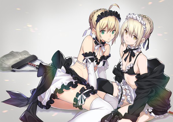 Anime picture 1169x827 with fate (series) fate/grand order artoria pendragon (all) saber saber alter saitom looking at viewer breasts light erotic blonde hair simple background sitting bare shoulders multiple girls green eyes yellow eyes cleavage ahoge braid (braids) parted lips