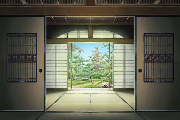 Аниме картинка 1800x1200 с оригинальное изображение solafin высокое разрешение небо в помещении без людей растение (растения) дерево (деревья) трава камень (камни) столп дверь раздвижные двери татами японский дом сёдзи фусума